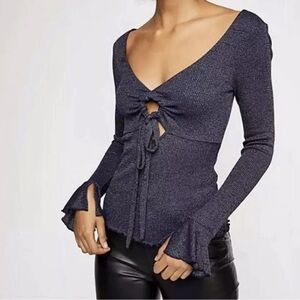 Free People | Intimately Say When Ruffle Sleeve Tie Front Top Navy Gold Small